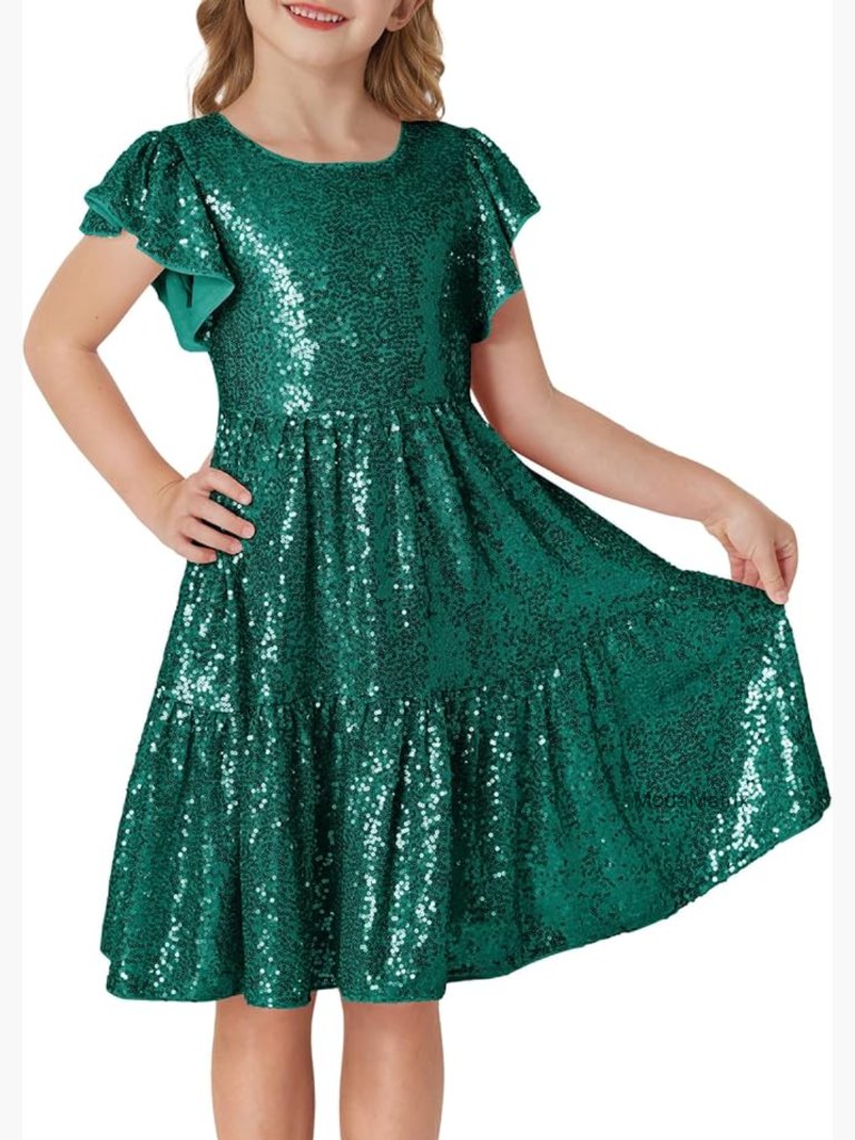 Girls Sequin Formal Party Dress Ruffle Sleeve A-Line Size 6-14